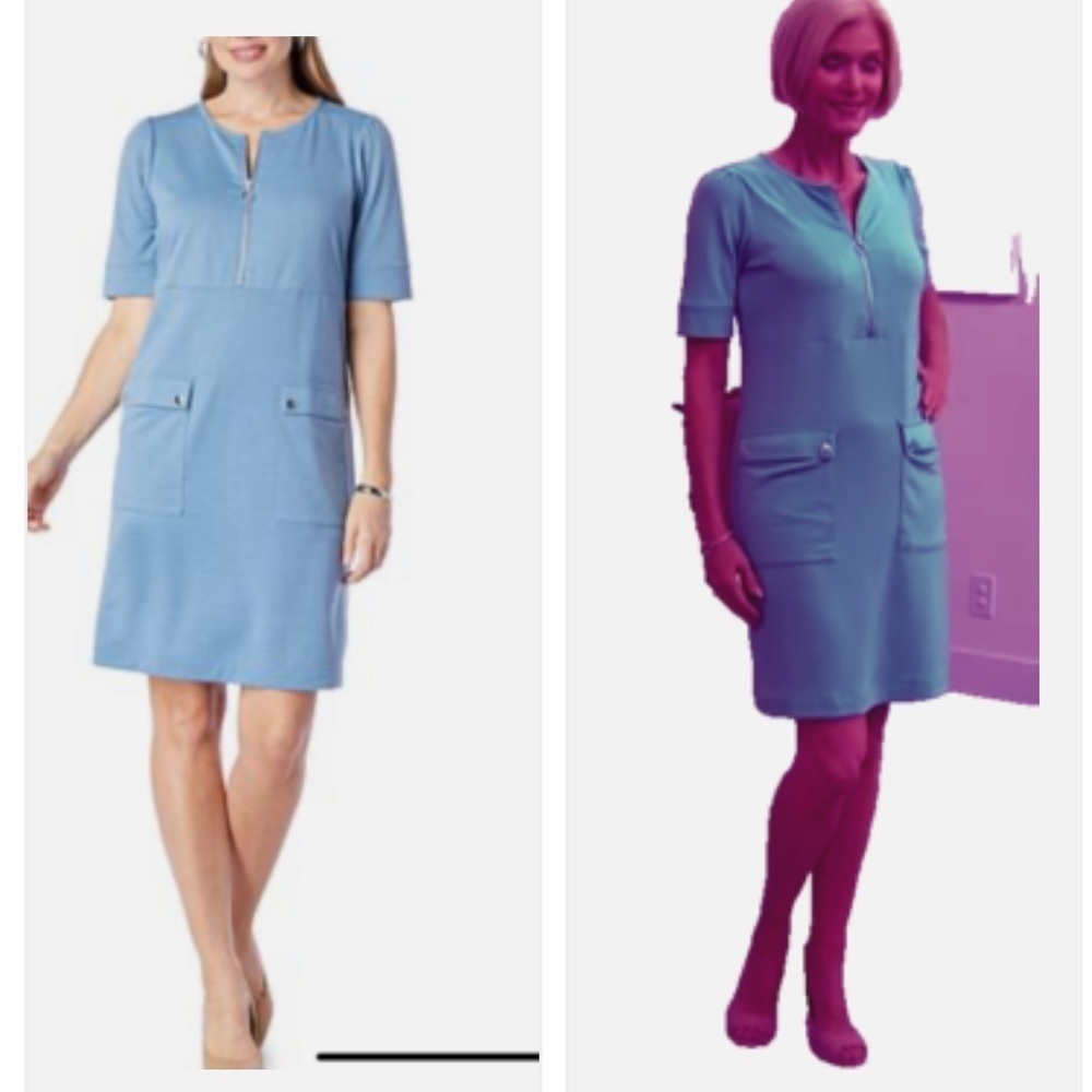 DG2 Diane Gilman SZ 1X French Terry Dress & Pockets BLUE MEW Zip Neck